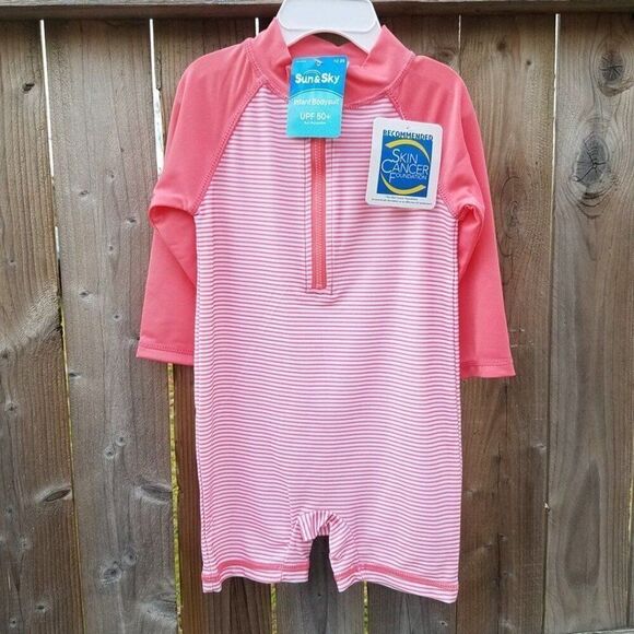 18-24M One Piece Pink White Striped Bodysuit UPF 50+ Sun Protection - Picture 1 of 9